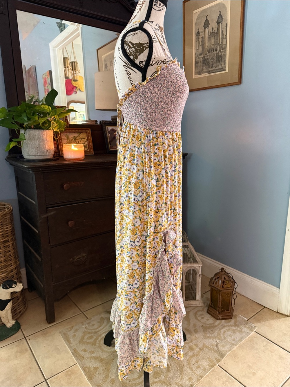 GiGiO Floral Smocked Ruffle Maxi Dress Cottagecore Boho Small - Picture 8 of 16